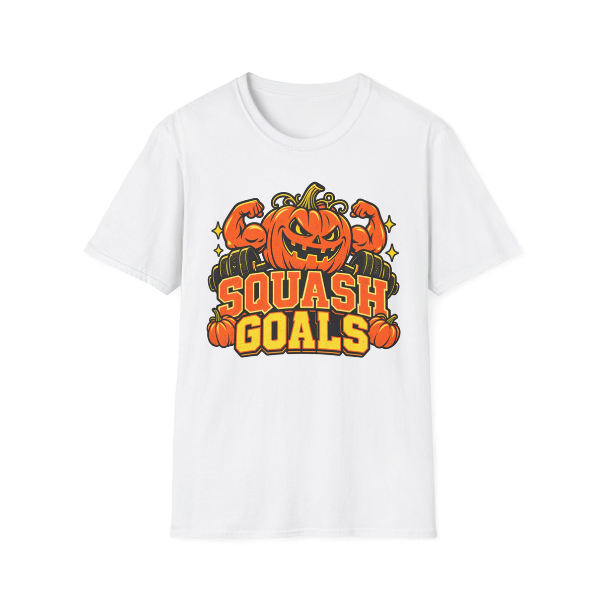 White Halloween T-shirt with jack-o-lantern pumpkin graphic and "SQUASH GOALS" text