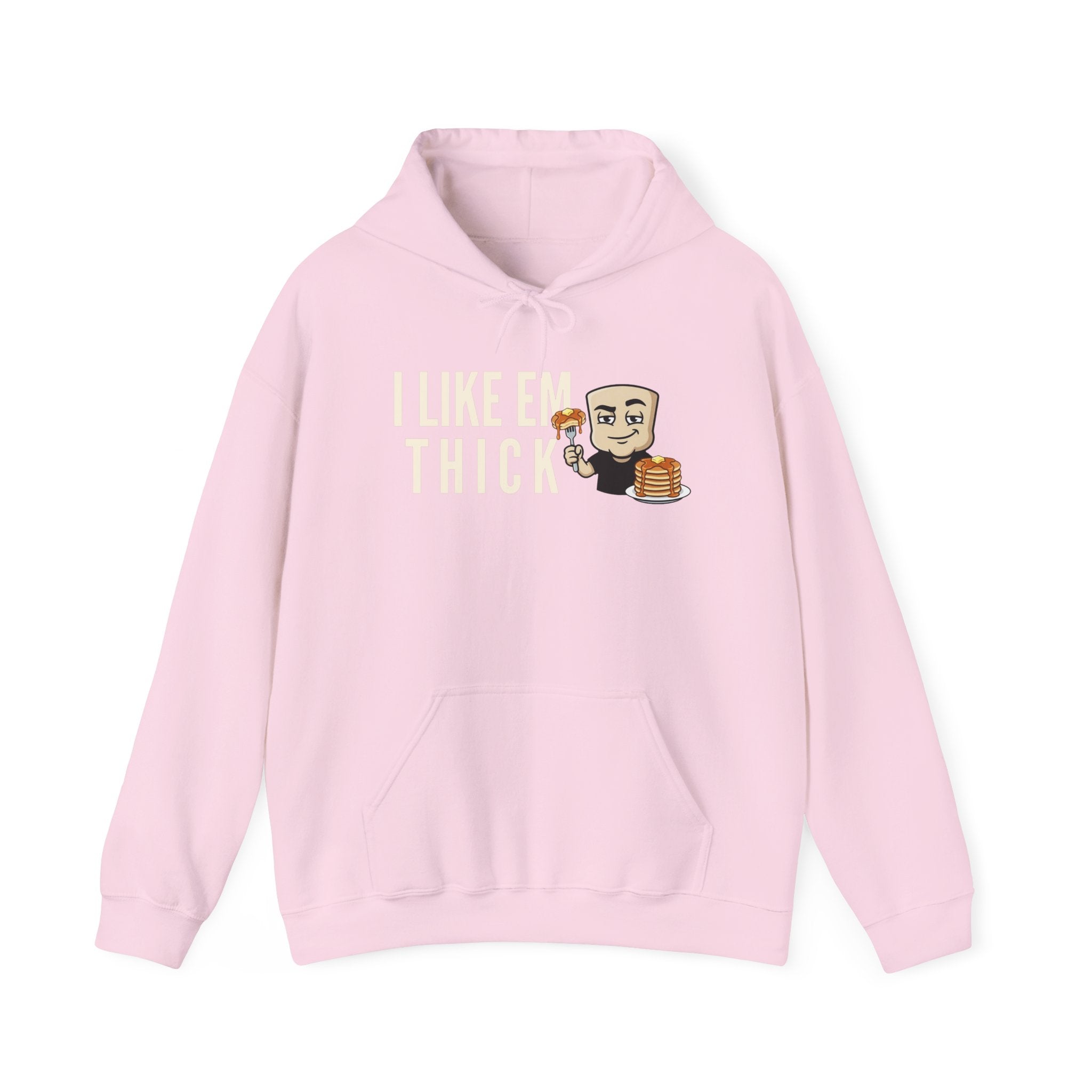 Pink hoodie with kangaroo pocket and front cartoon text graphic with pancake stack