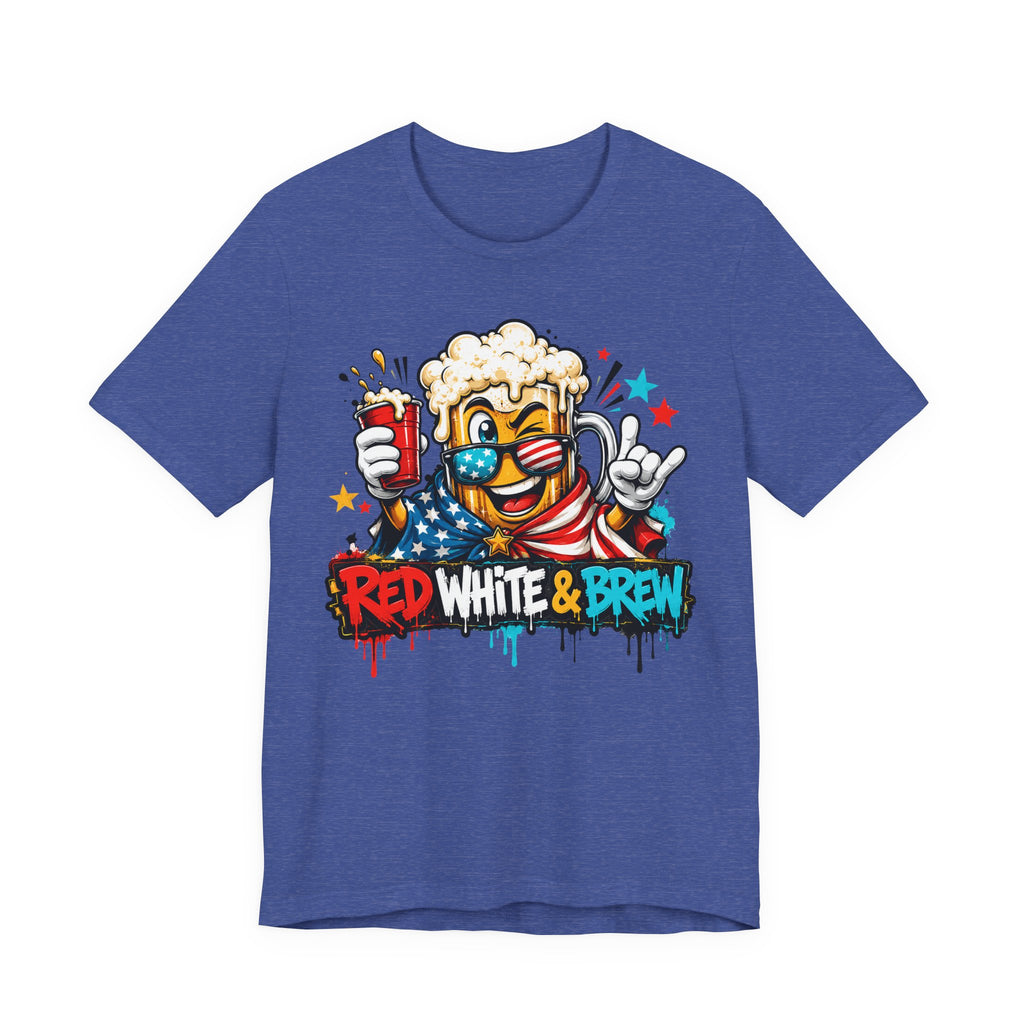 Royal blue T-shirt with colorful beer mascot and “Red White & Brew” graphic