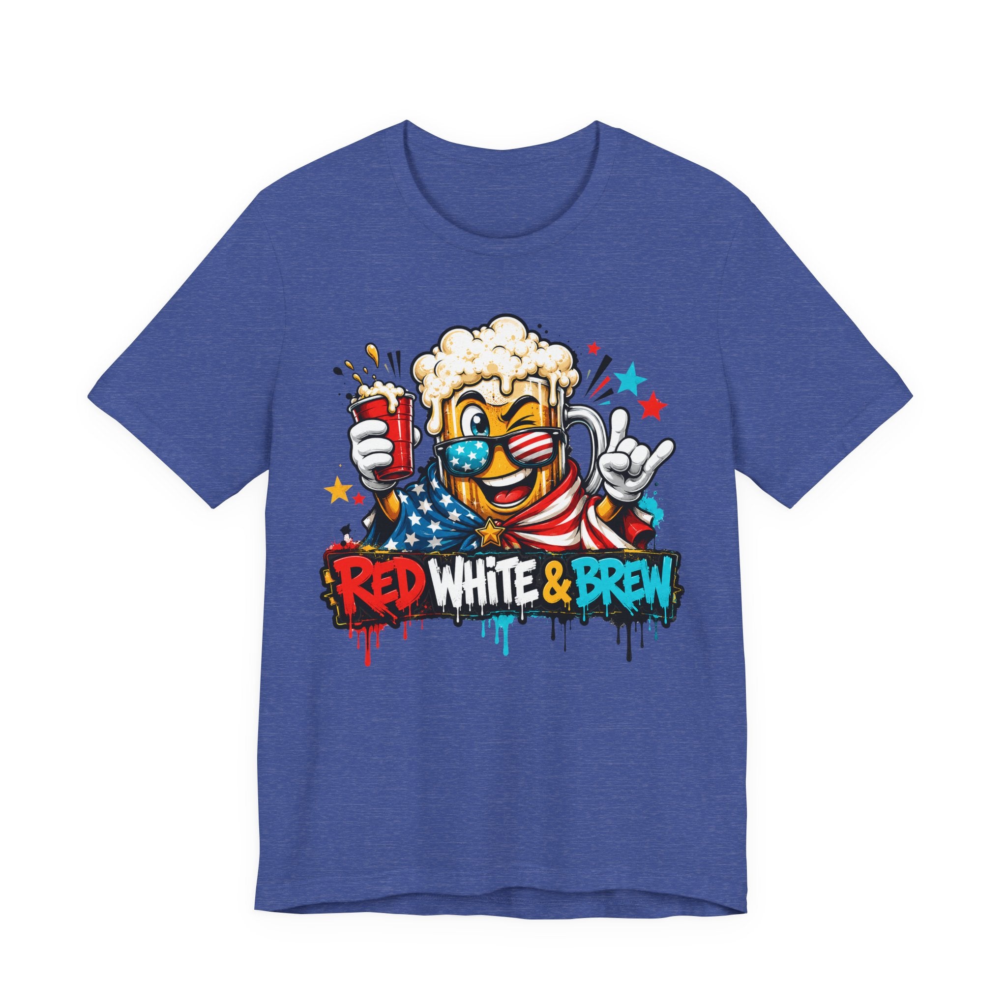 Royal blue T-shirt with colorful beer mascot and “Red White & Brew” graphic