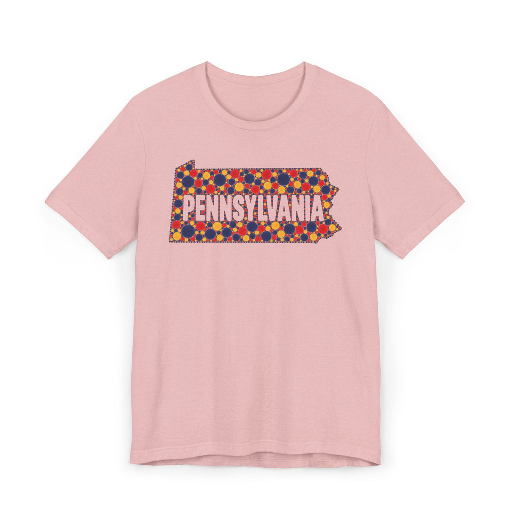 Pink crew-neck t-shirt with colorful dotted Pennsylvania graphic on chest