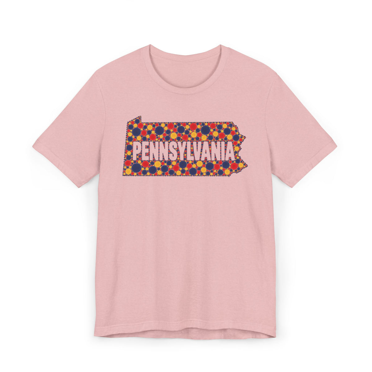 Pink crew-neck t-shirt with colorful dotted Pennsylvania graphic on chest
