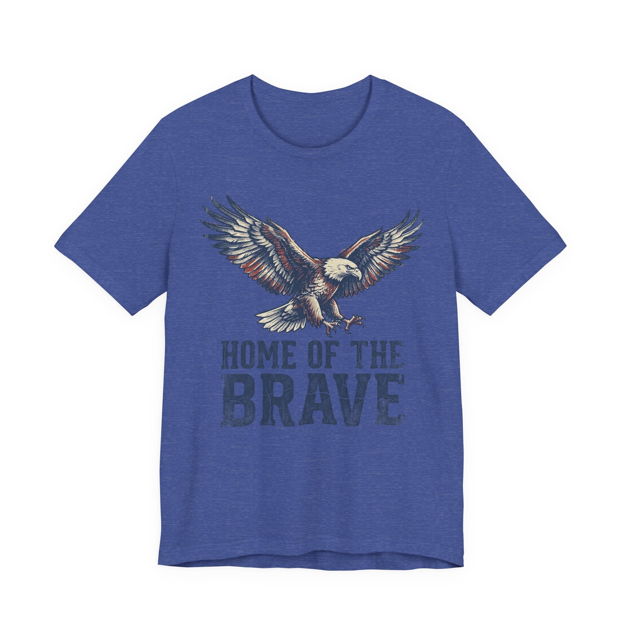 Royal blue T-shirt with bald eagle graphic and “Home of the Brave” text