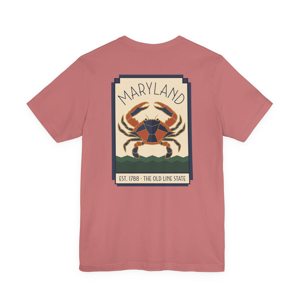 Rose pink t-shirt with Maryland art deco crab graphic on the front
