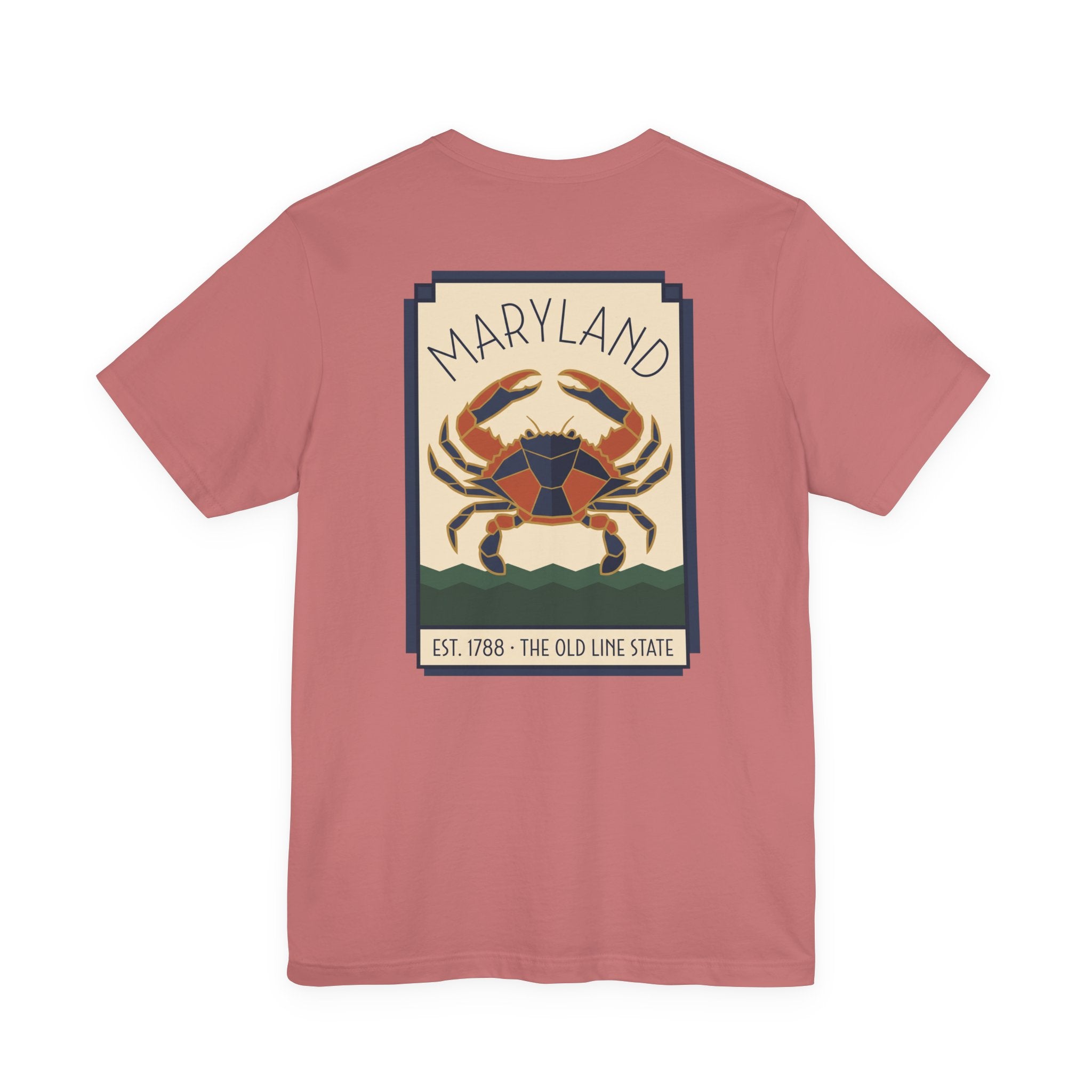 Rose pink t-shirt with Maryland art deco crab graphic on the front