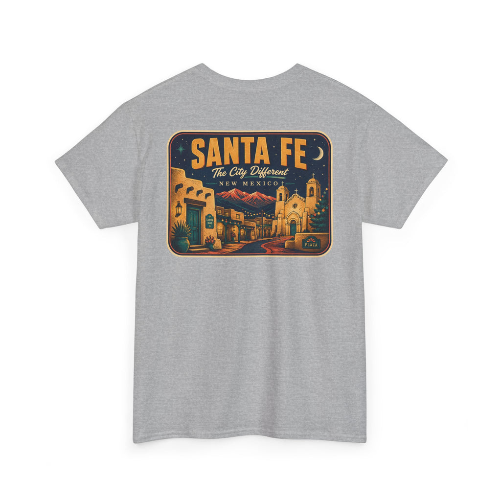 Sport grey T-shirt with Santa Fe vintage luggage tag graphic on chest