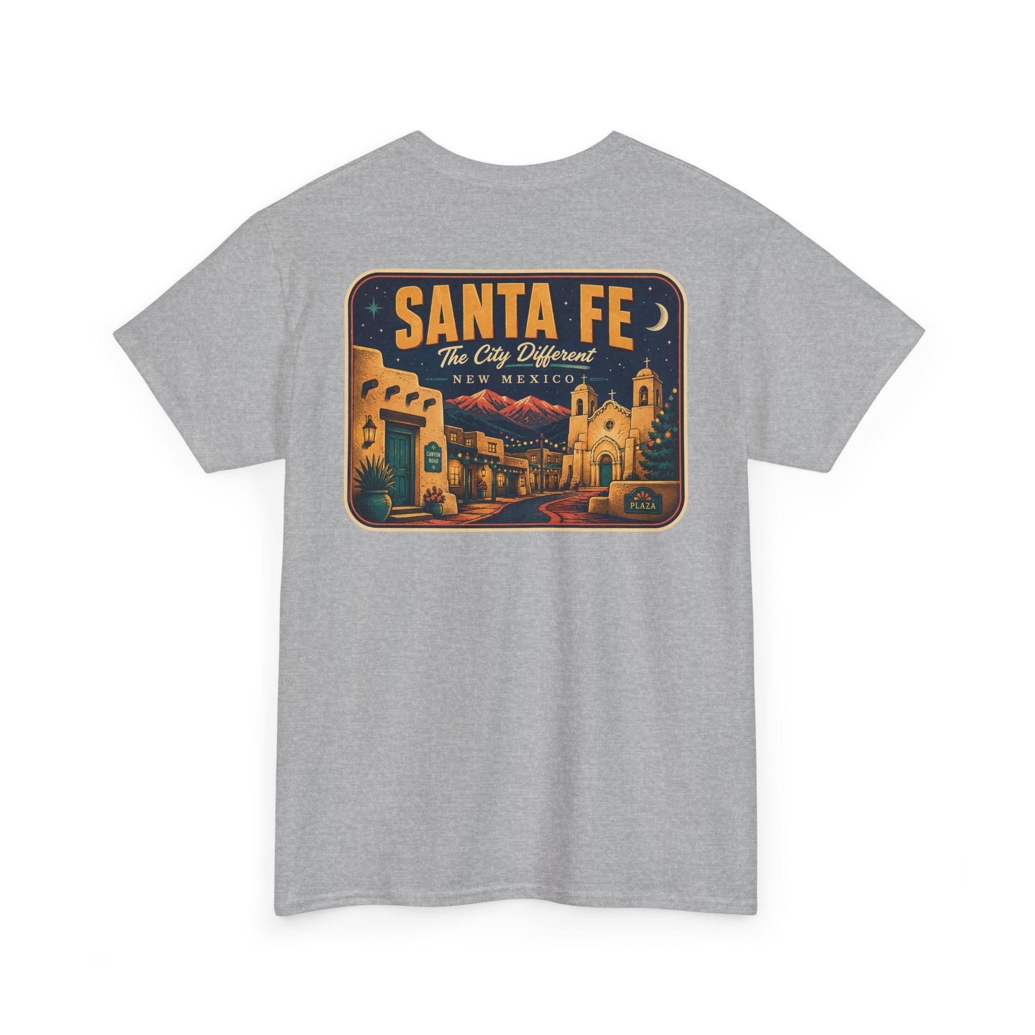 Sport grey T-shirt with Santa Fe vintage luggage tag graphic on chest