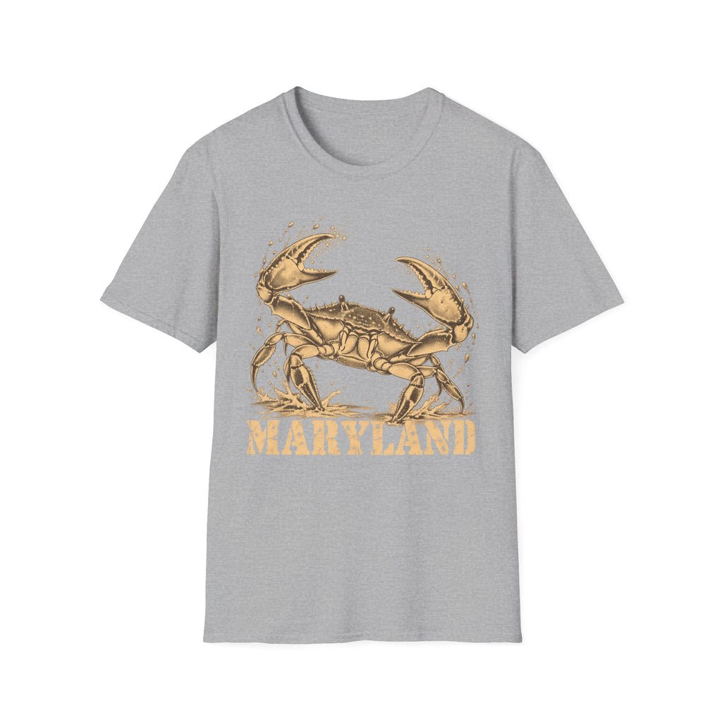 Light gray short-sleeve T-shirt with gold crab graphic and “Maryland” text