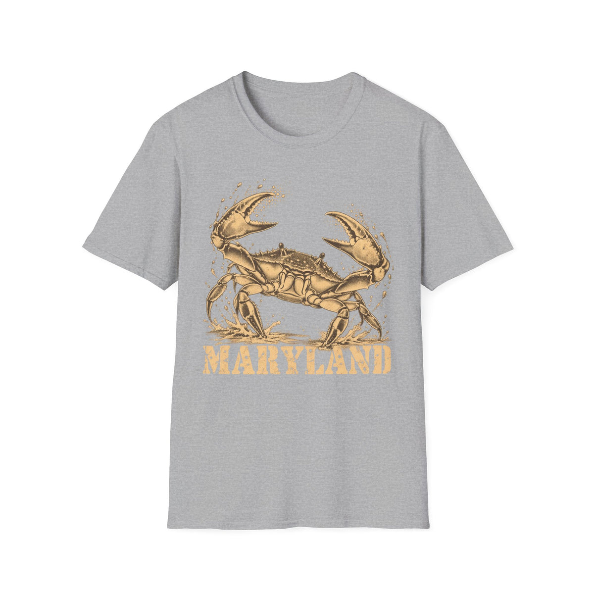 Light gray short-sleeve T-shirt with gold crab graphic and “Maryland” text