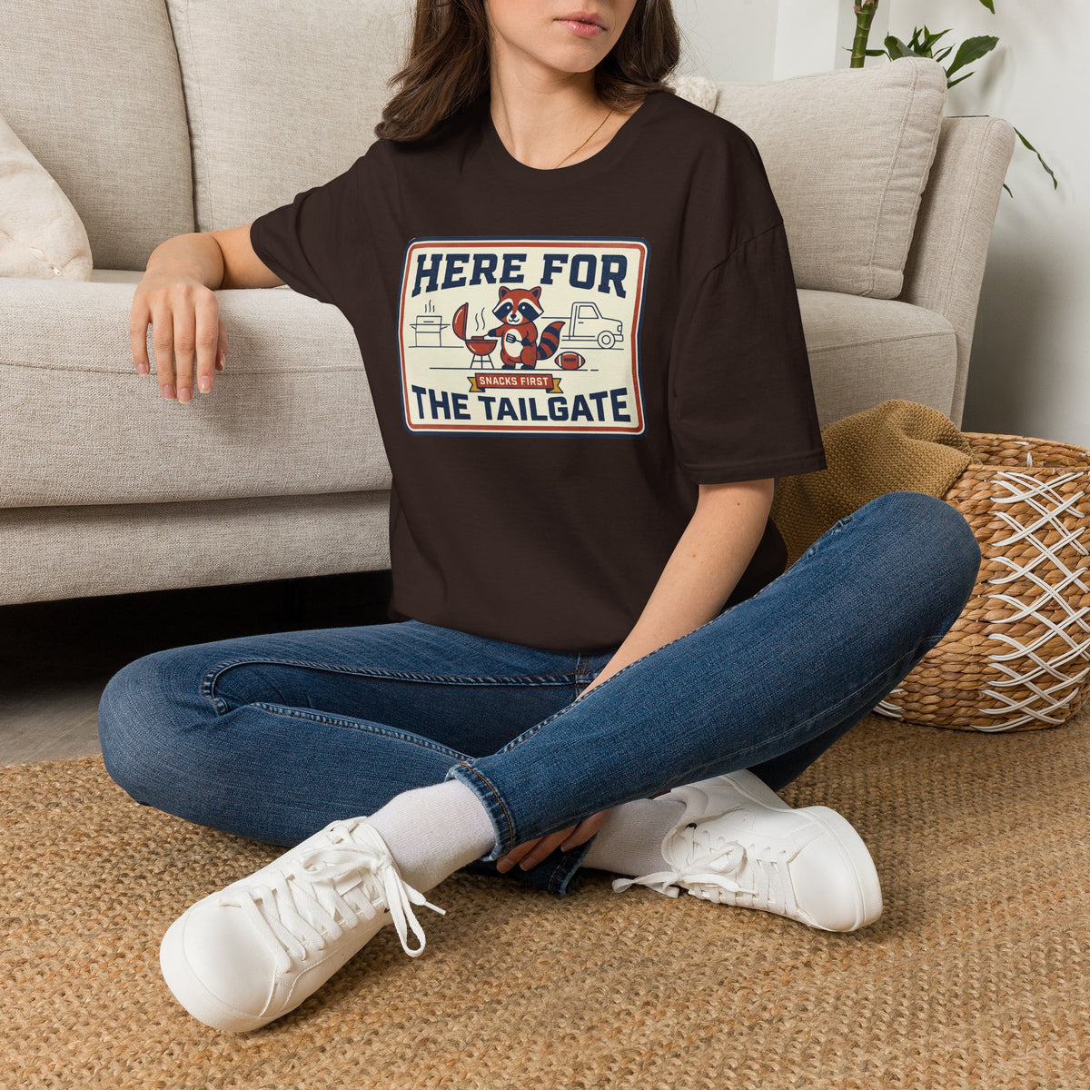Dark brown tailgate graphic T-shirt with "HERE FOR THE TAILGATE" front print