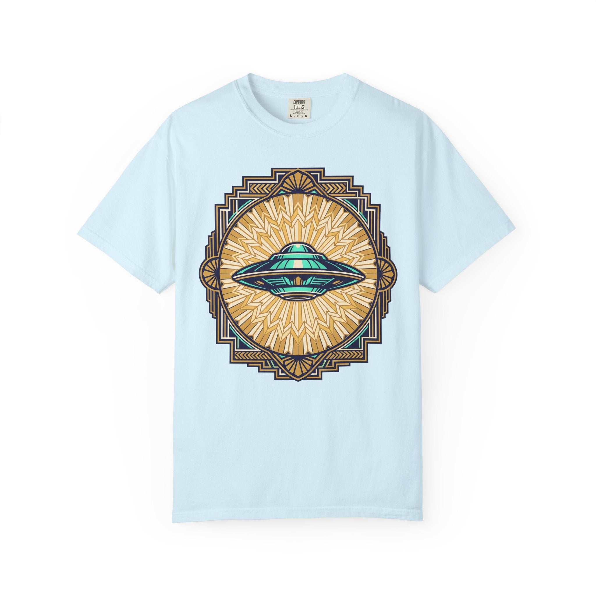 Light blue T-shirt with central UFO graphic in blue and gold sunburst design
