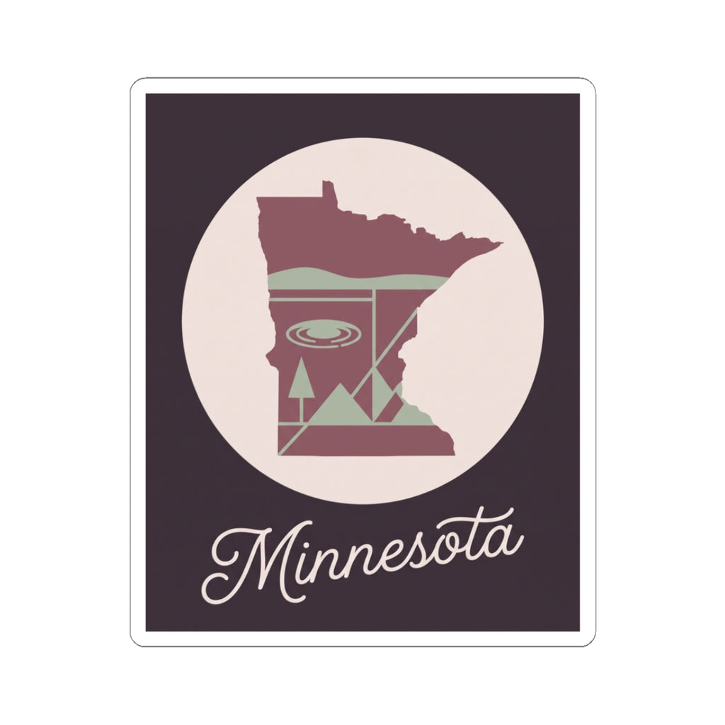 Minnesota state silhouette kiss-cut decal with lake scene and script “Minnesota”