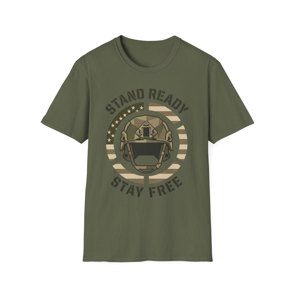Dark olive green crew-neck military helmet graphic t-shirt with circular “Stand Ready Stay Free” print