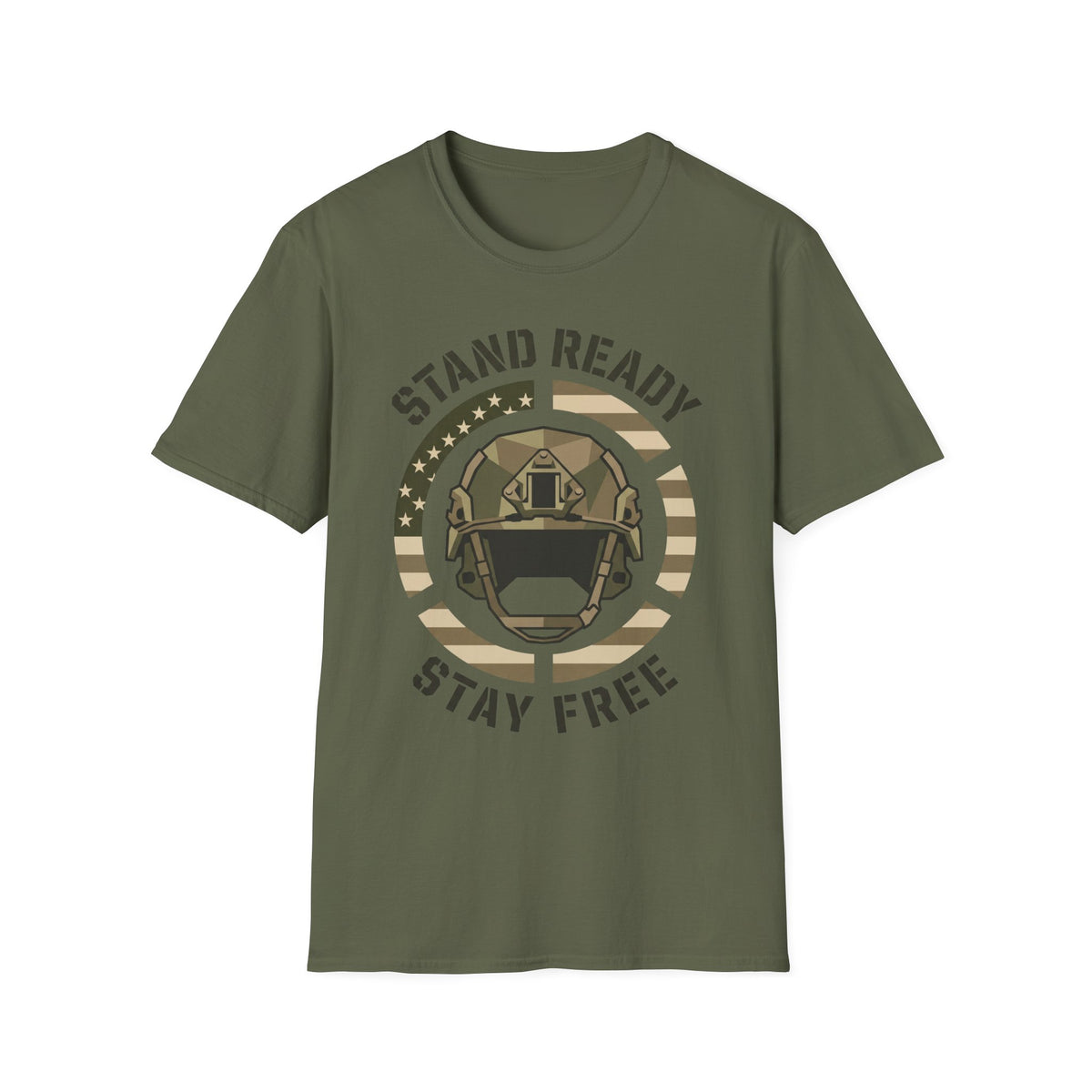 Dark olive green crew-neck military helmet graphic t-shirt with circular “Stand Ready Stay Free” print