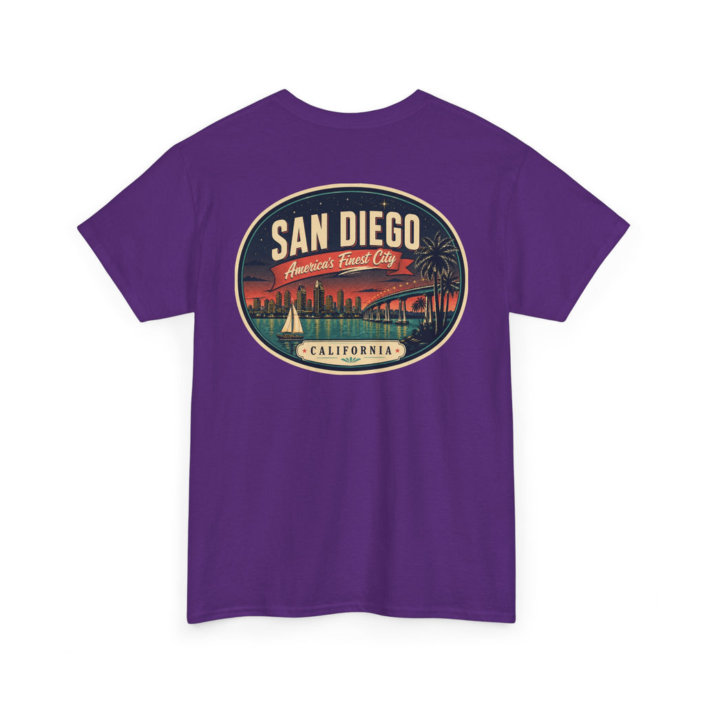 Purple T-shirt with large San Diego city scene oval graphic on back