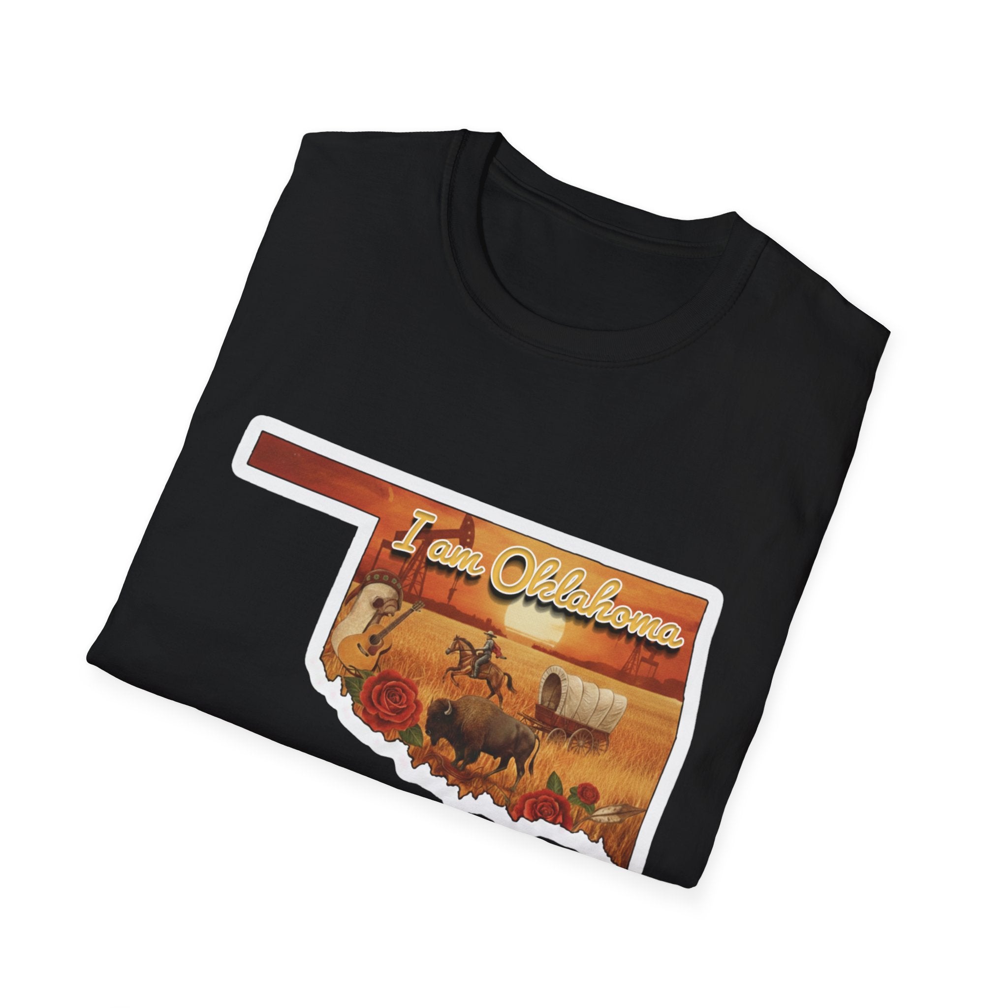 Black T-shirt with 'I am Oklahoma' cowboy graphic on front