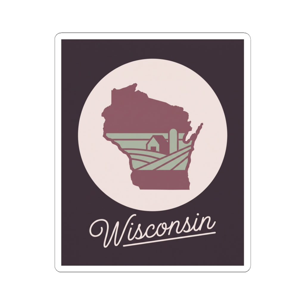 Wisconsin state silhouette decal sticker with maroon map and “Wisconsin” script text