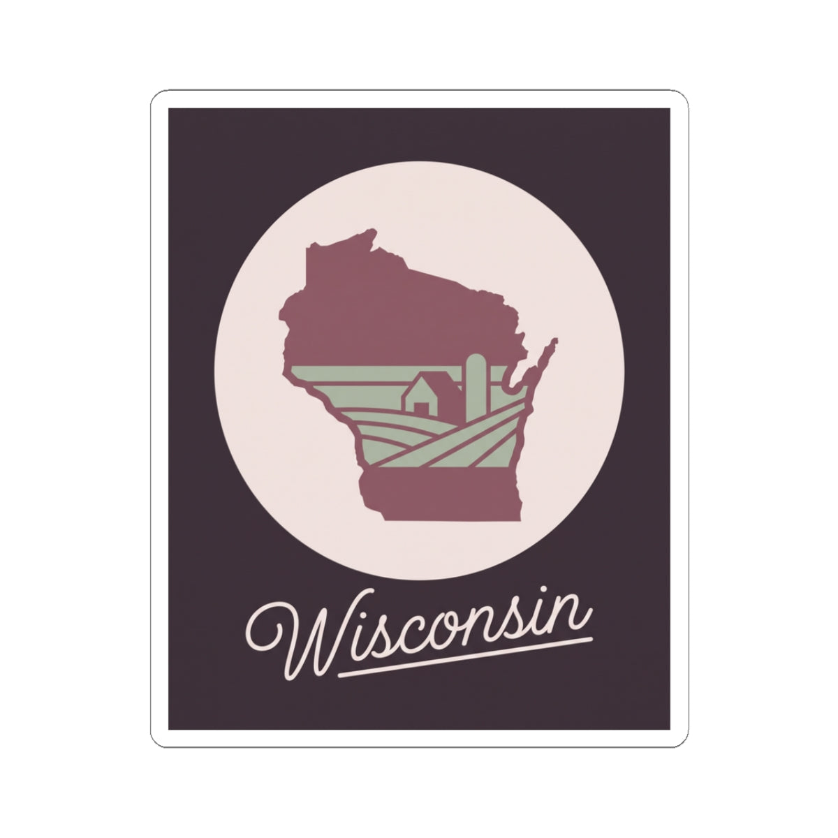 Wisconsin state silhouette decal sticker with maroon map and “Wisconsin” script text