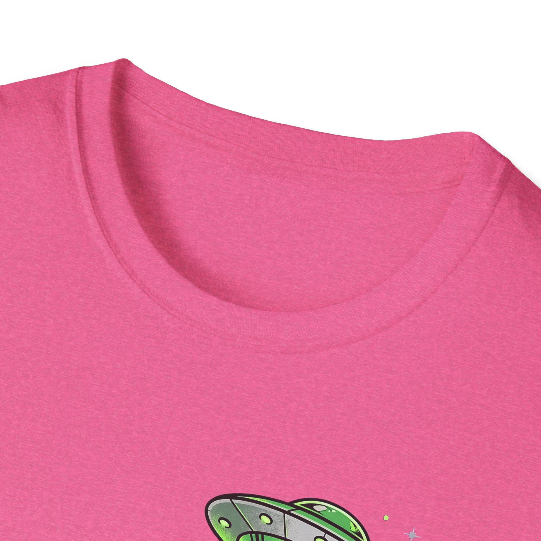 Pink crew neck T-shirt, close-up of green UFO graphic near collar