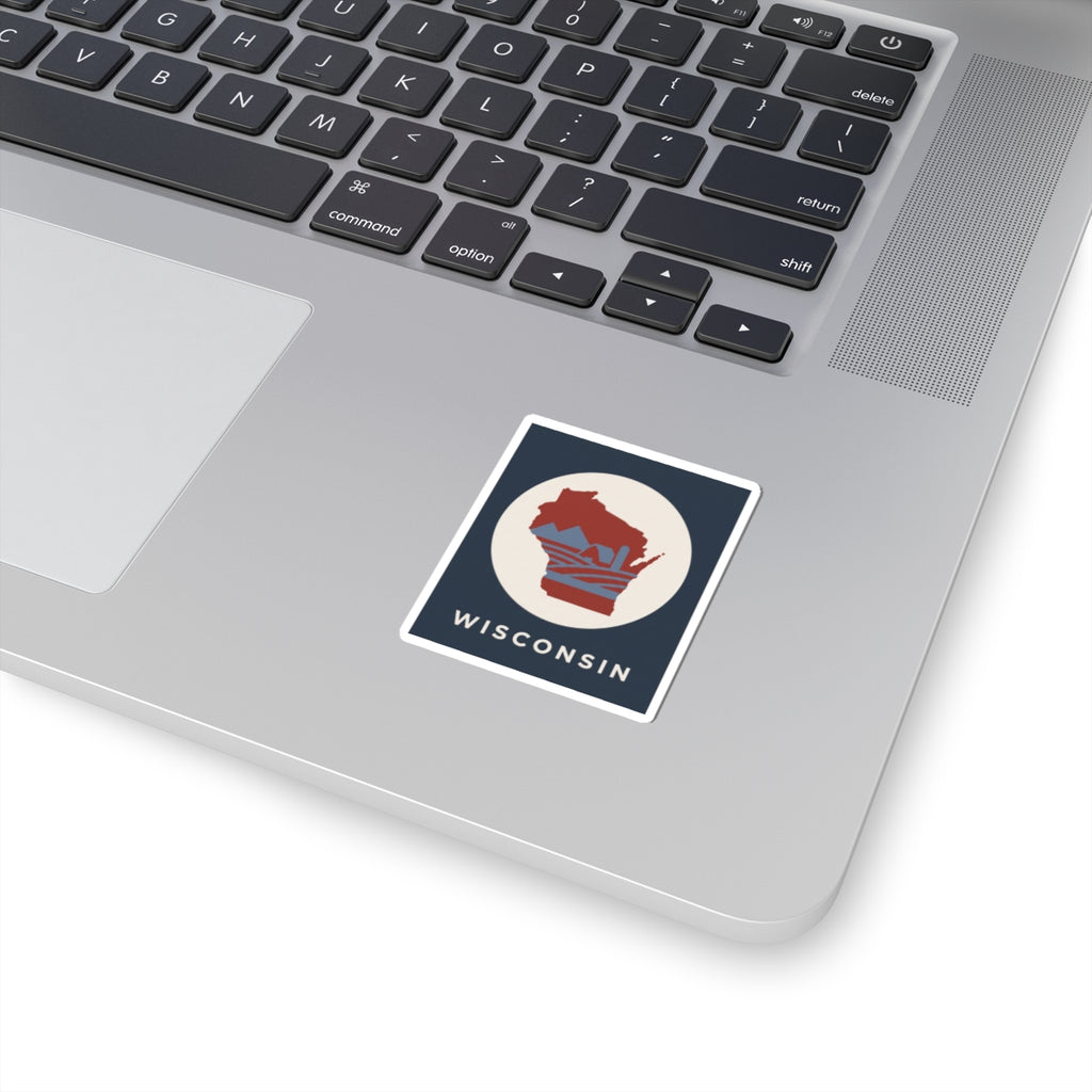 Square Wisconsin map sticker with retro badge, red state silhouette and 'Wisconsin' text