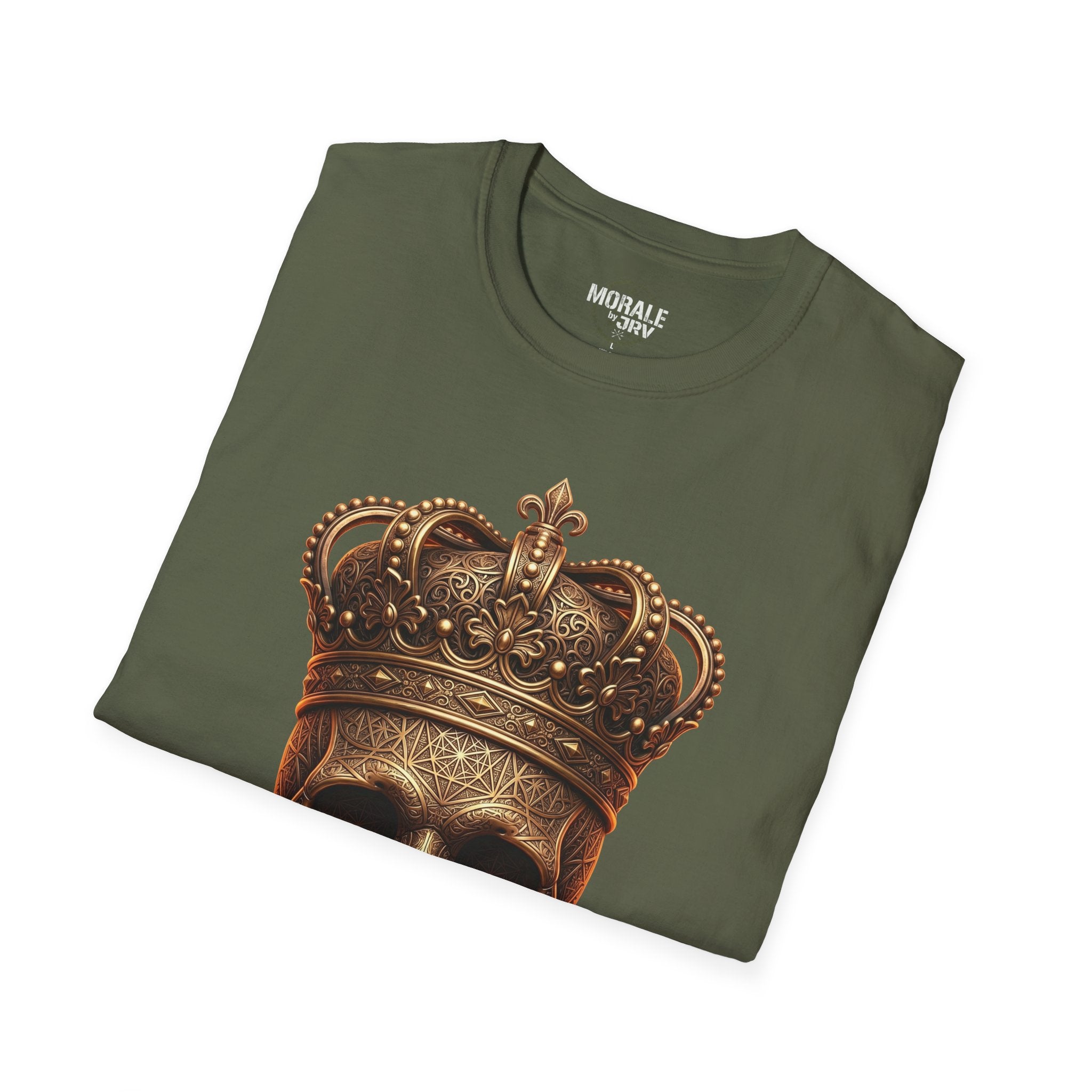 Military green gothic-style T-shirt with gold fleur-de-lis crown graphic