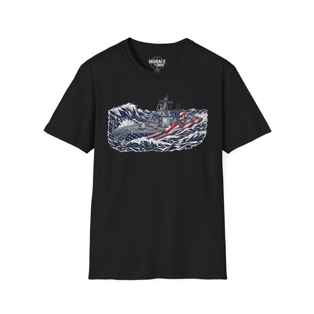 American flag battleship graphic T-shirt, black shirt with navy ship and red-white stripes