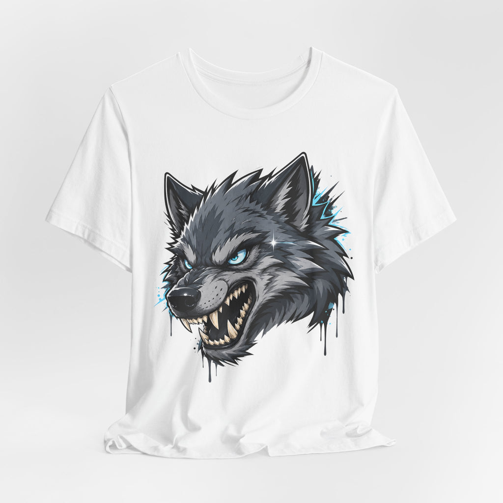 White crewneck t-shirt with snarling wolf head graphic and teal eye details