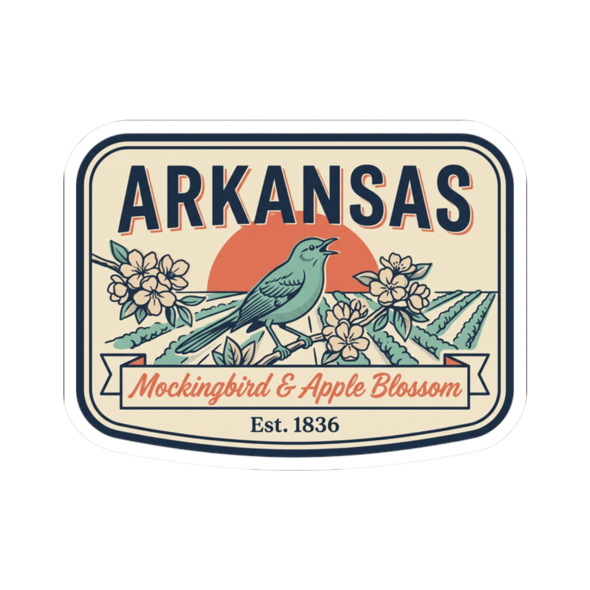 Arkansas decorative sticker label with blue bird, apple blossoms, and “Est. 1836” text