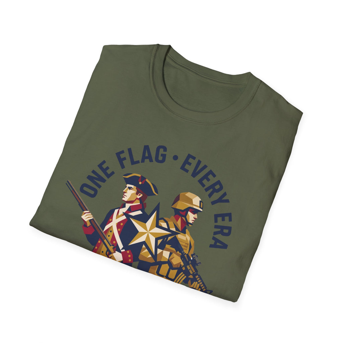 Olive green crew-neck T-shirt with blue "ONE FLAG • EVERY ERA" soldiers graphic
