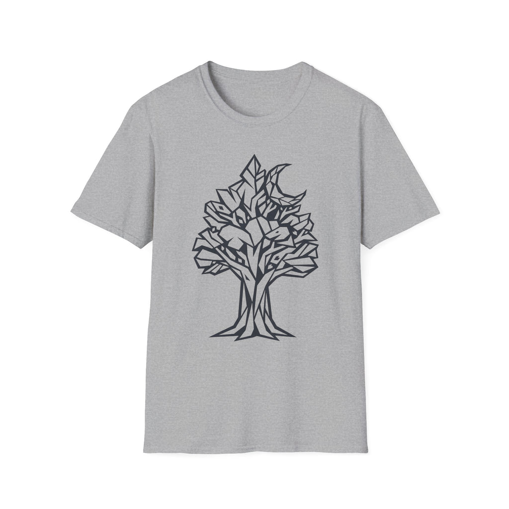 Light gray T-shirt with geometric tree moon botanical line art graphic on chest