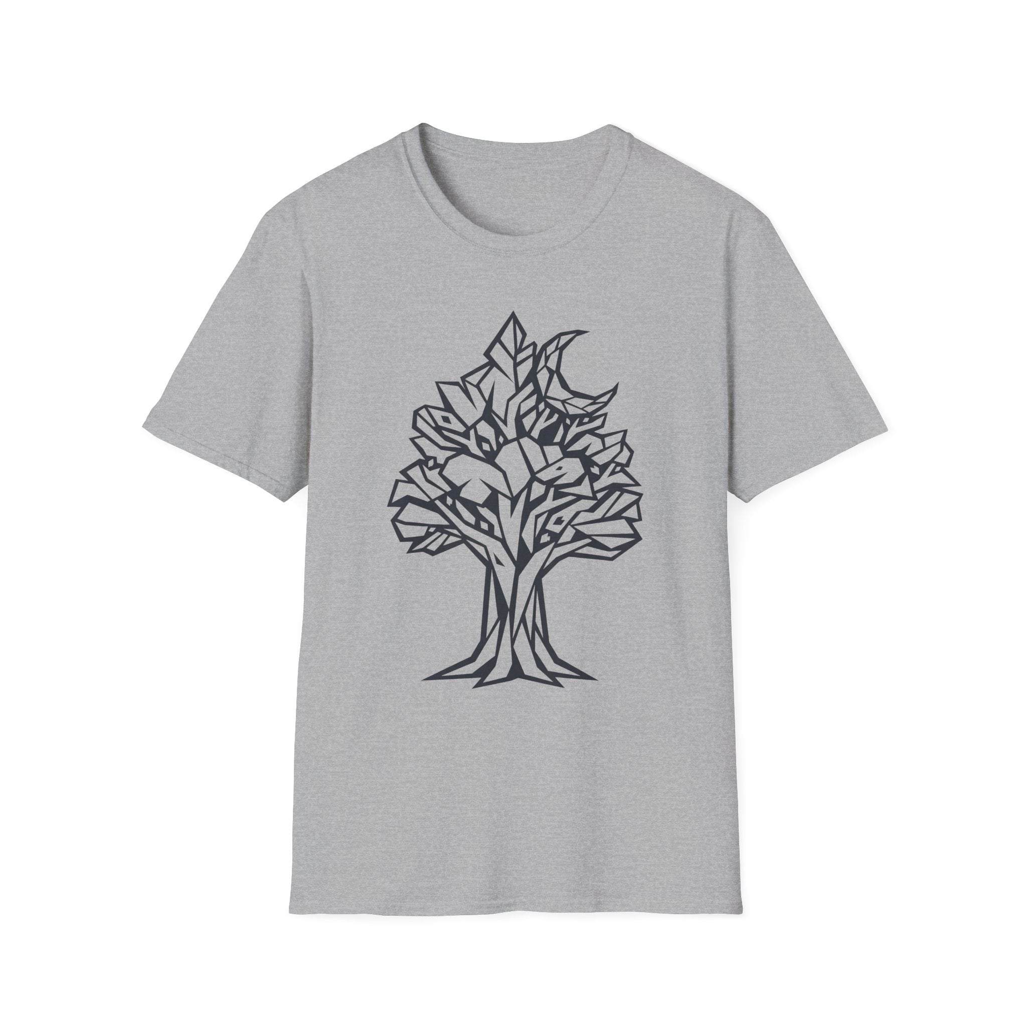 Light gray T-shirt with geometric tree moon botanical line art graphic on chest