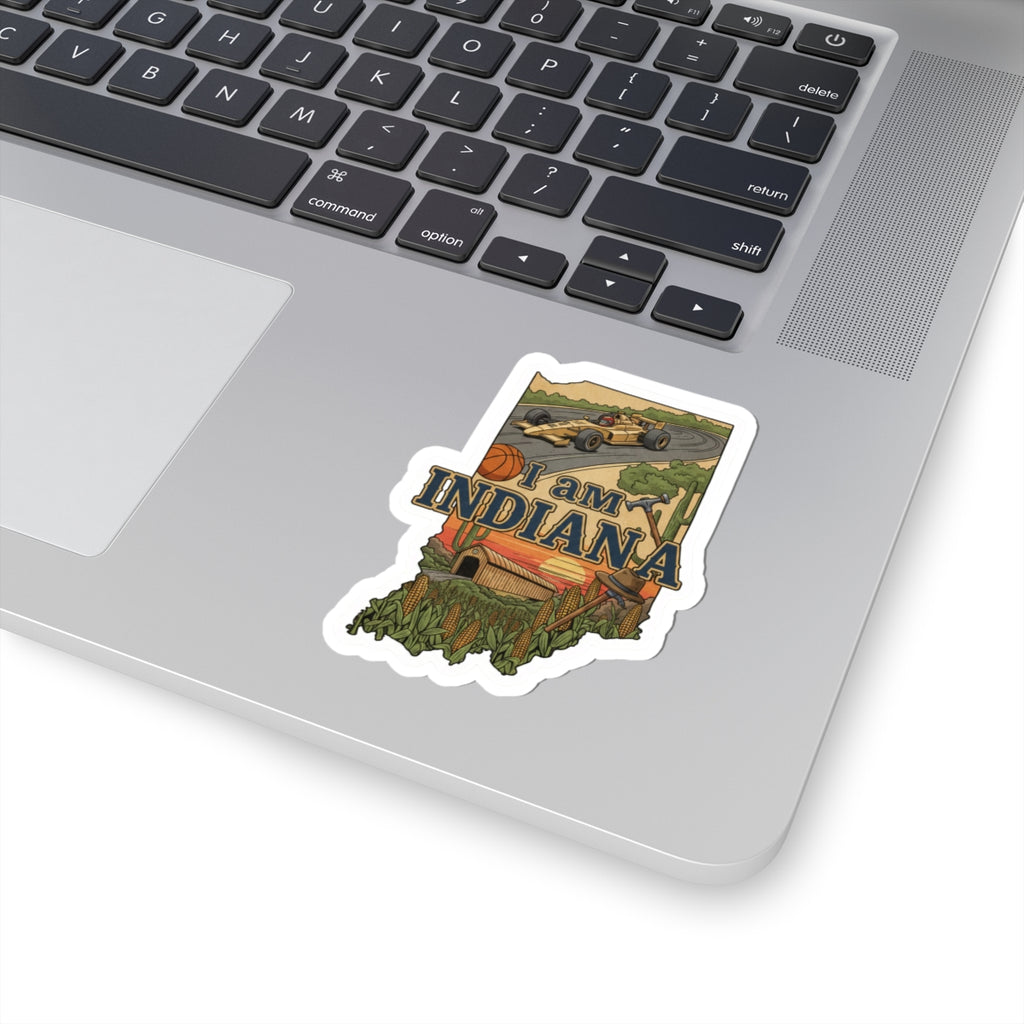 I Am Indiana Sticker auf Laptop, Landschaft und „I AM INDIANA“