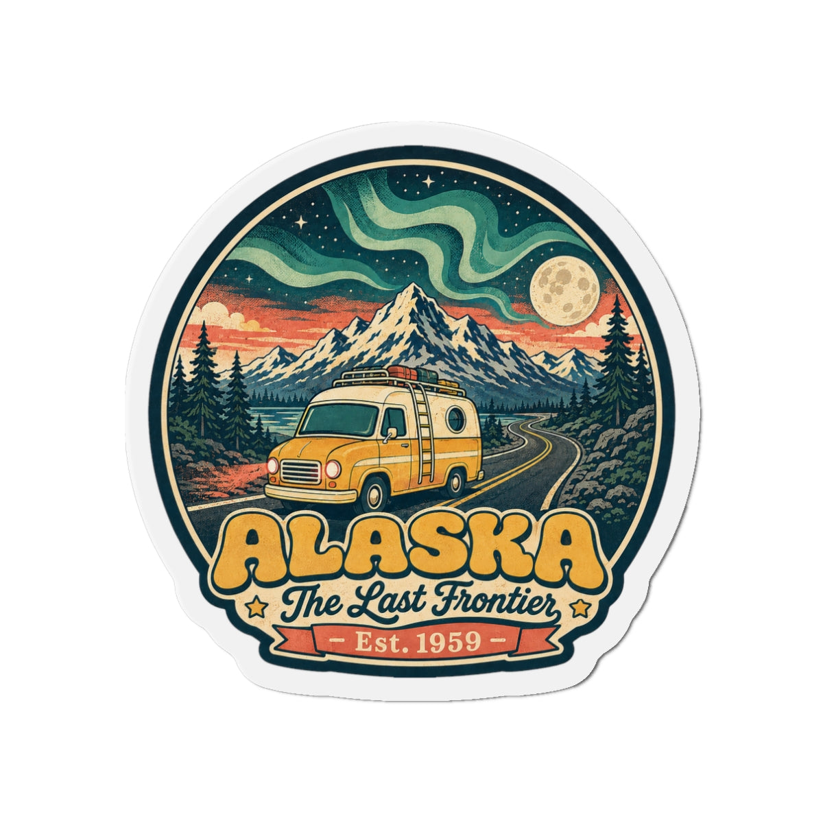 Round Alaska magnet with camper van on mountain road under aurora and a full moon