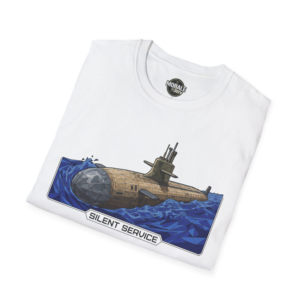 White T-shirt with blue submarine graphic and “SILENT SERVICE” text on front