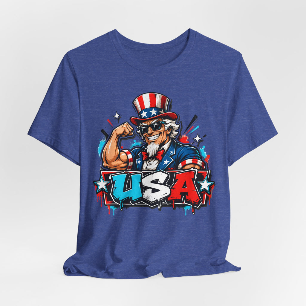 Blue muscle T-shirt with Uncle Sam USA graphic on front