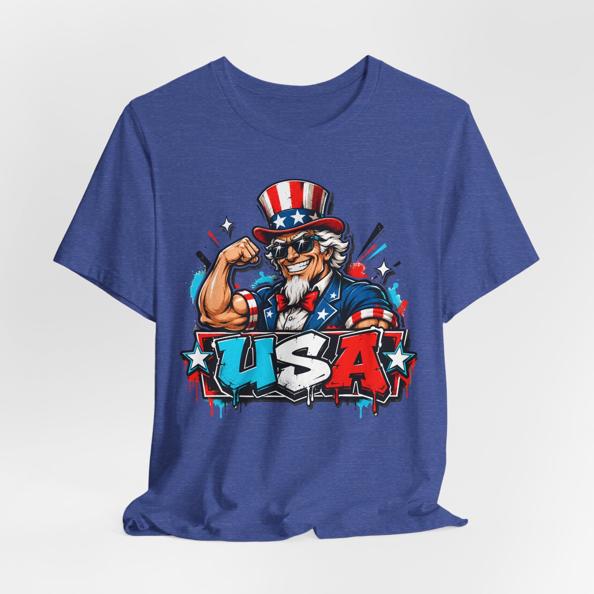 Blue muscle T-shirt with Uncle Sam USA graphic on front
