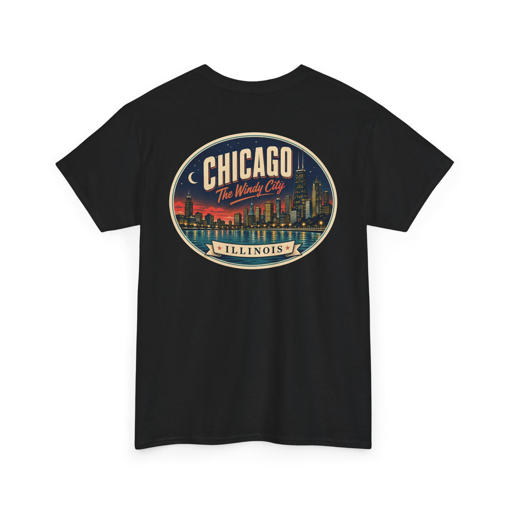 Black crew-neck T-shirt with large round Chicago city badge graphic
