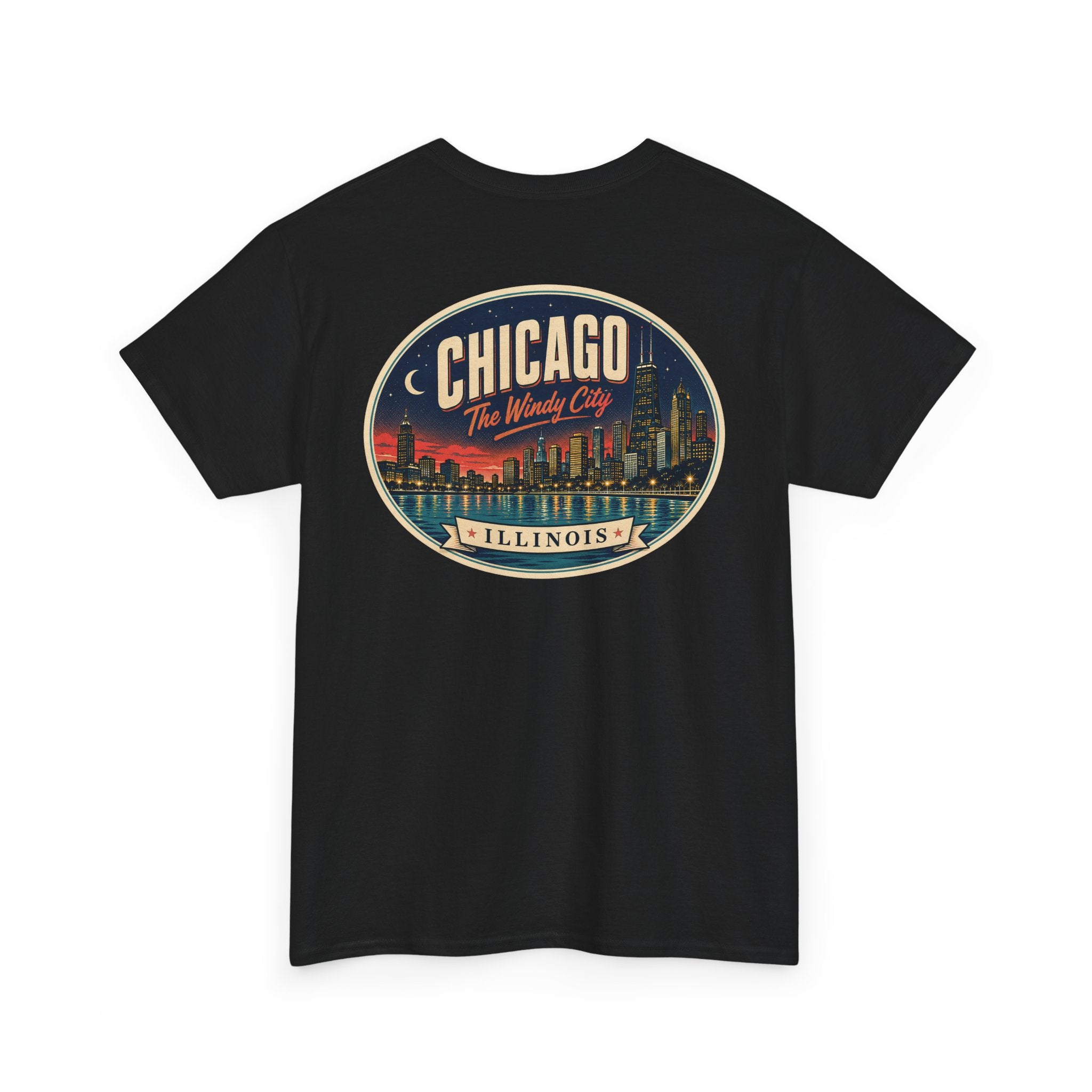 Black crew-neck T-shirt with large round Chicago city badge graphic