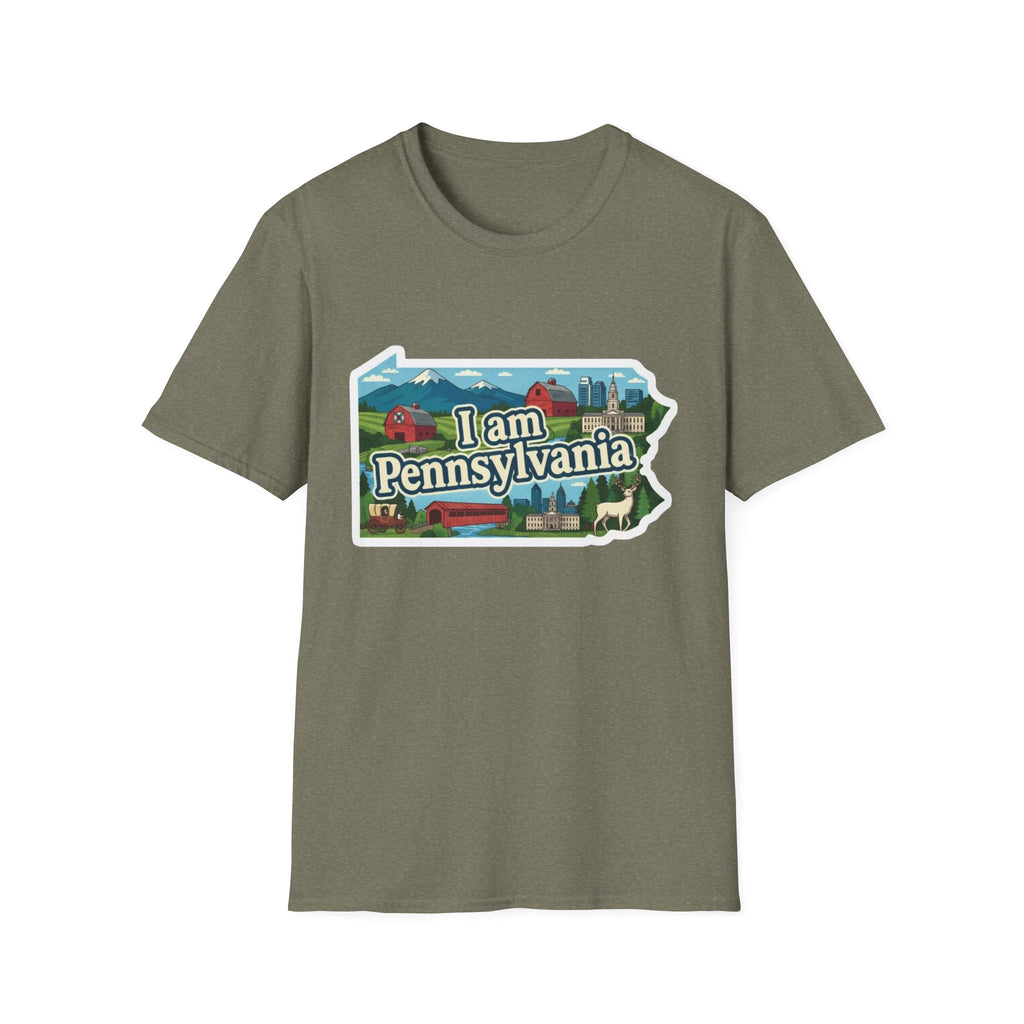 Heather Military Green T-shirt with “I am Pennsylvania” map graphic and landmarks