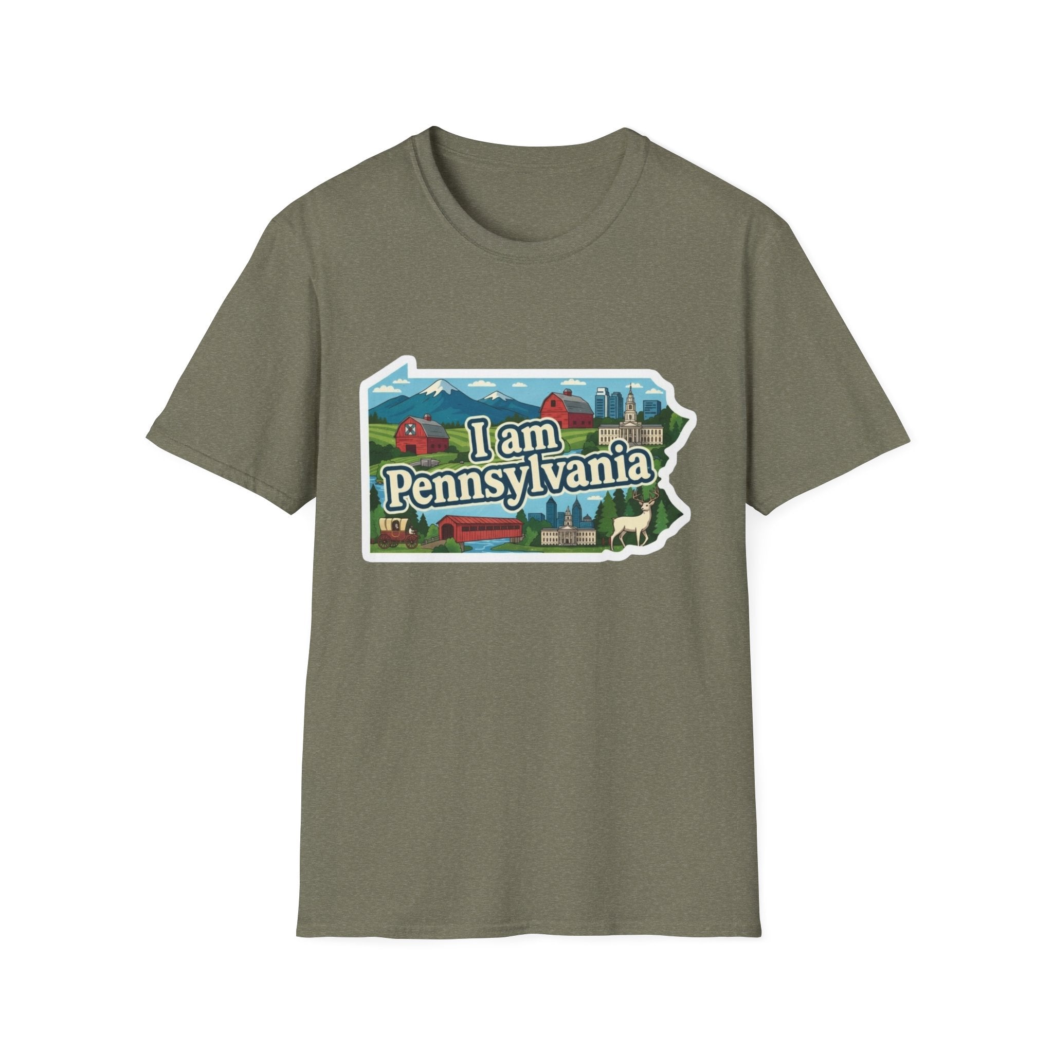 Heather Military Green T-shirt with “I am Pennsylvania” map graphic and landmarks