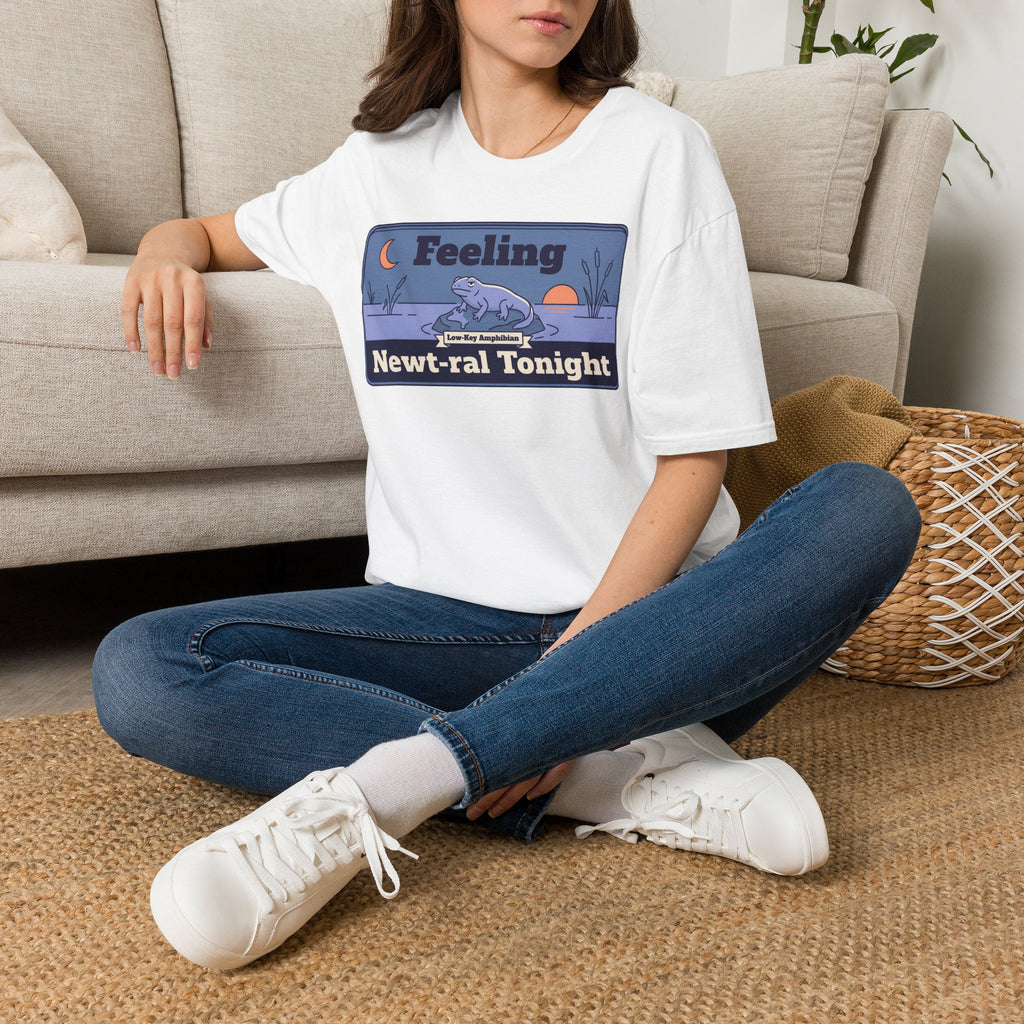 White unisex graphic t-shirt with newt artwork and “Newt-ral Tonight” on the chest