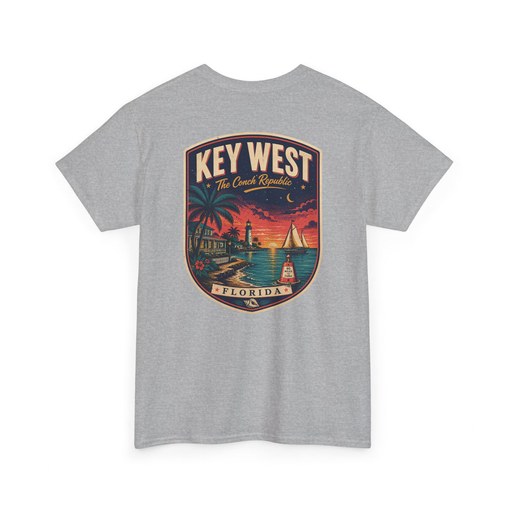 Gray crewneck T-shirt with Key West Florida badge lighthouse print.
