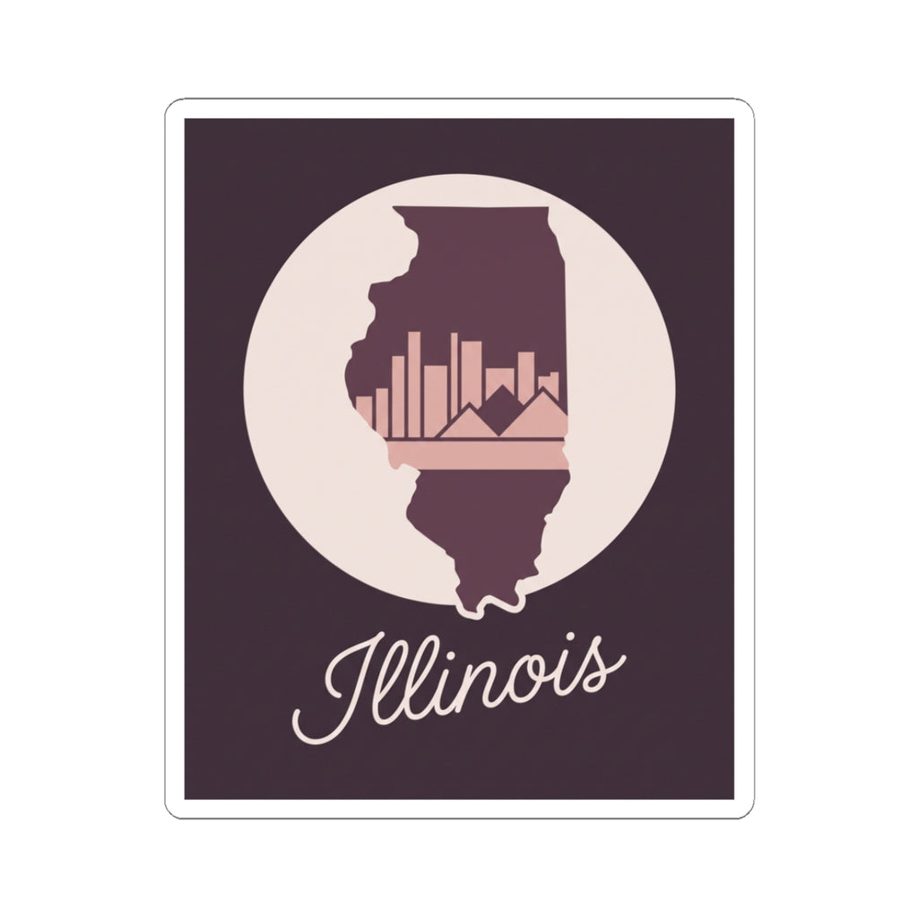 Mauve Illinois state silhouette vinyl sticker with white circle and “Illinois” script