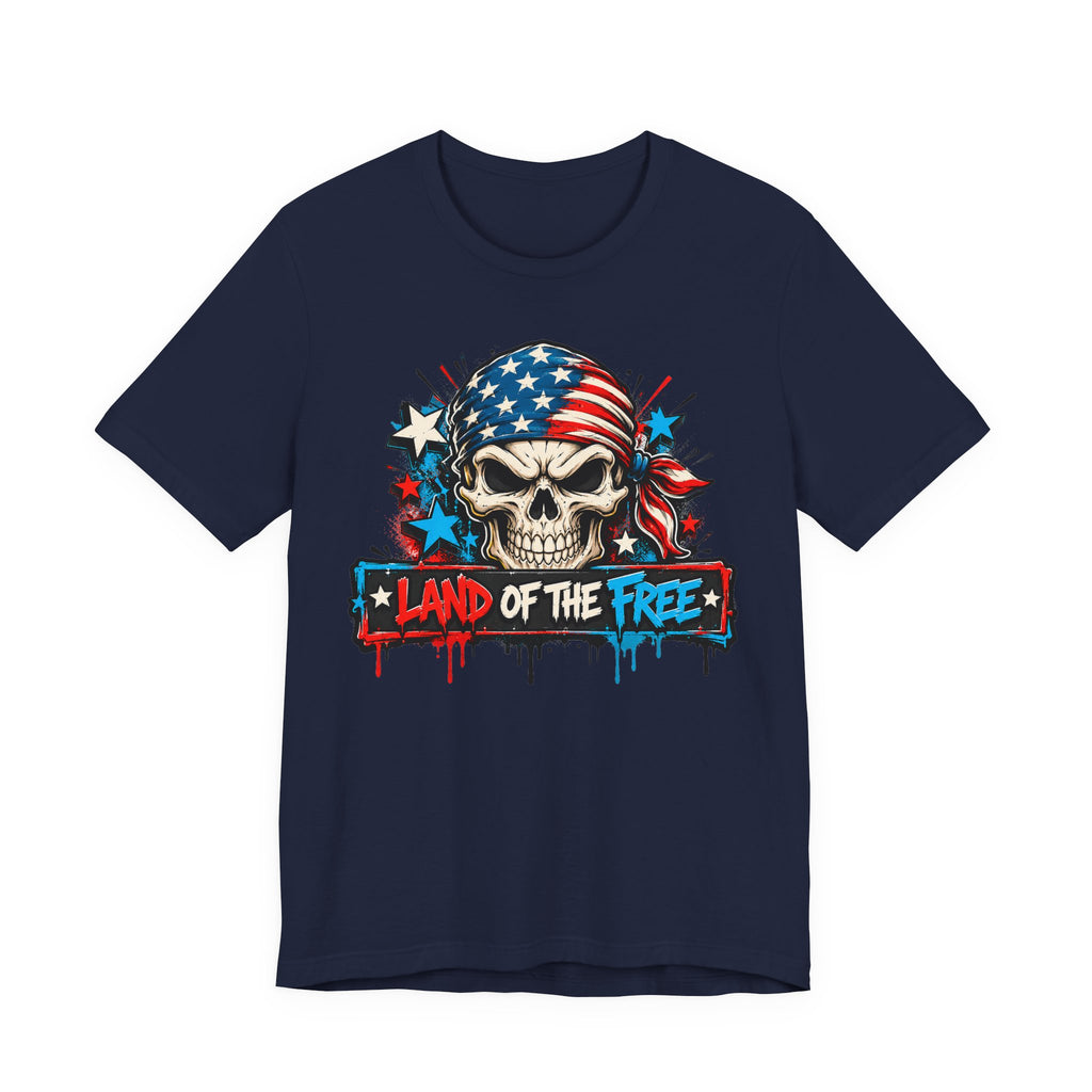 Navy skull patriotic T-shirt with American flag graphic on center chest