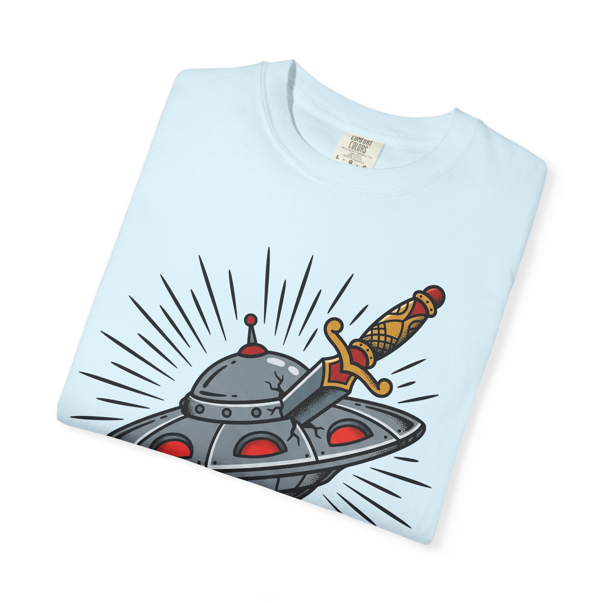 Light blue T-shirt with retro UFO and dagger graphic in center