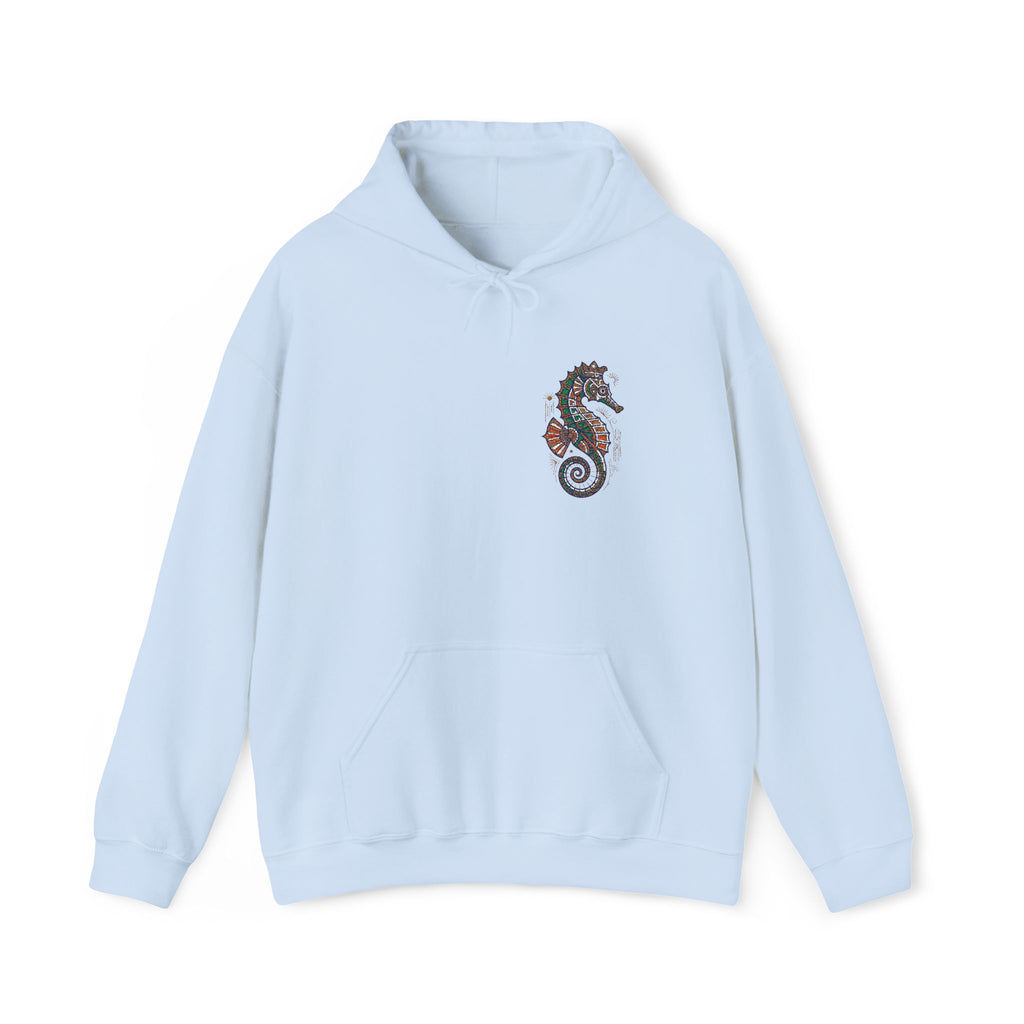 Light blue seahorse floral hoodie with front pocket and drawstring hood