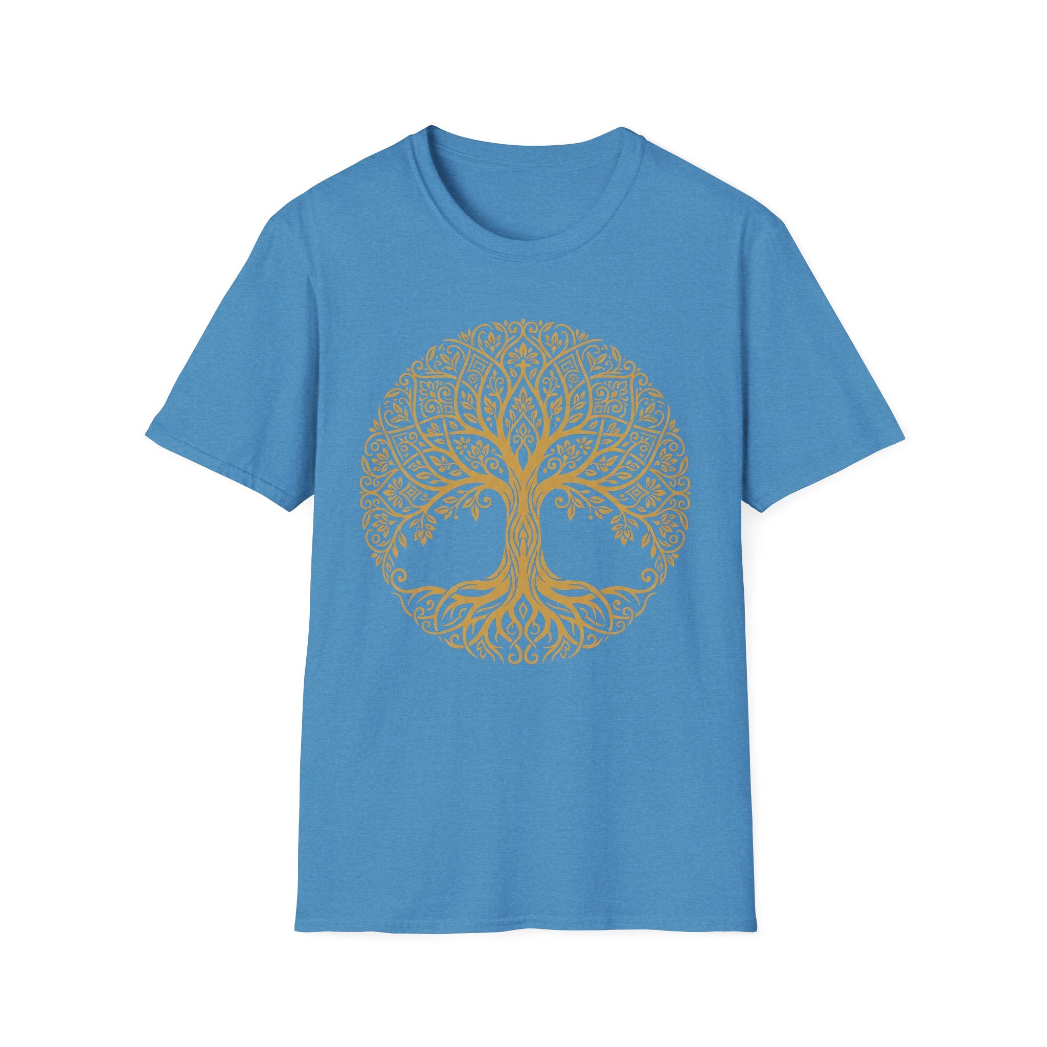 Gold Tree of Life T-shirt, Celtic mandala tree graphic on blue tee