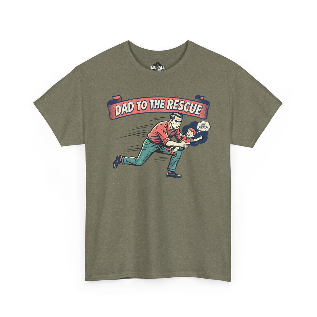 Men's olive green graphic T-shirt with "DAD TO THE RESCUE" front design