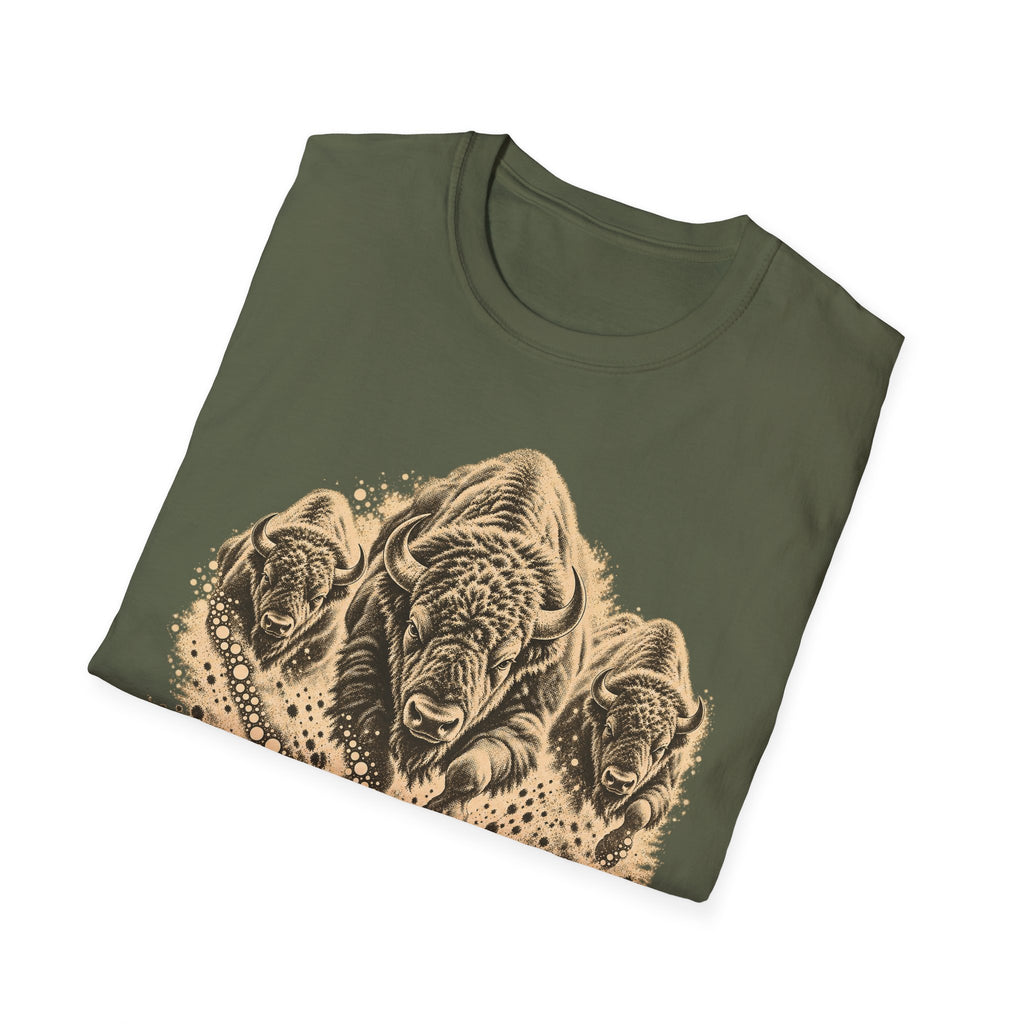 Military green bison herd graphic T-shirt with tan distressed print across chest