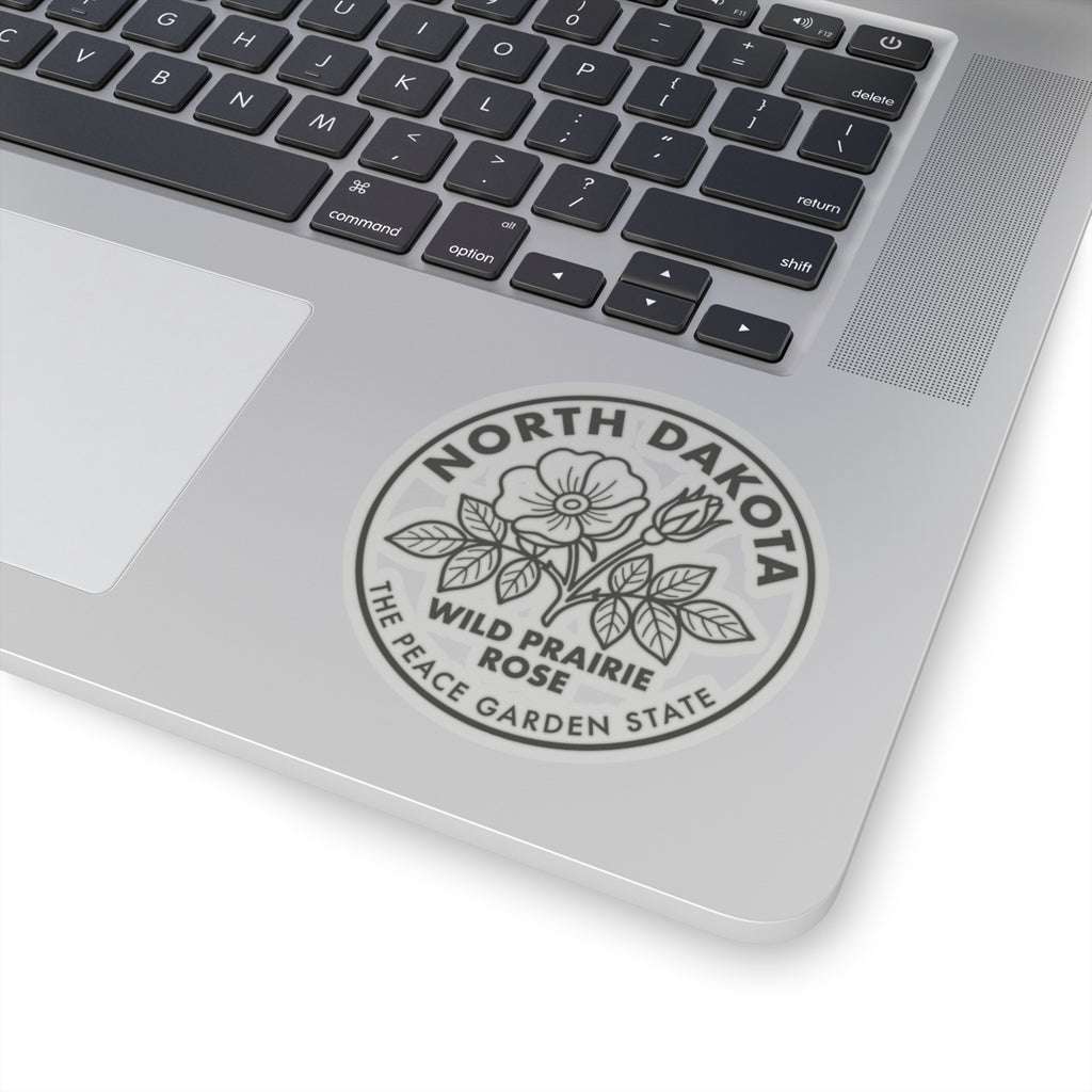 Round North Dakota wild prairie rose transparent sticker on laptop lid, emblem centered